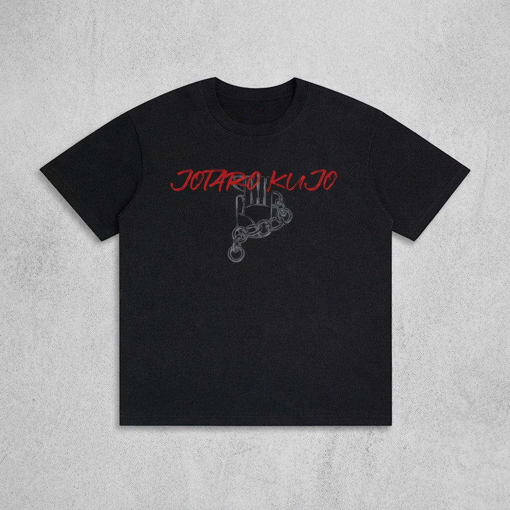 Ten-Anime clothes black cotton T-shirt featuring a red Jotaro Kujo graphic and a grey chain design on the chest.