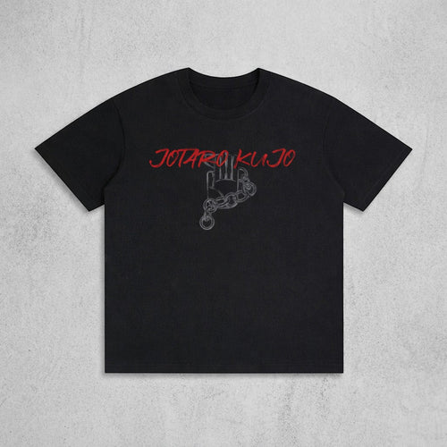 Ten-Anime clothes black cotton T-shirt featuring a red Jotaro Kujo graphic and a grey chain design on the chest.