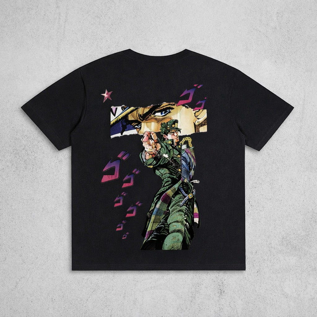 Ten-Anime clothes black cotton T-shirt featuring a vibrant Jotaro Kujo graphic print from JoJo's Bizarre Adventure.