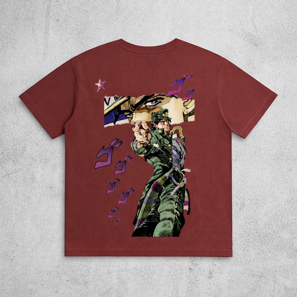 Ten-Anime clothes Jotaro Kujo cotton t-shirt in maroon with a graphic print of the character pointing forward.