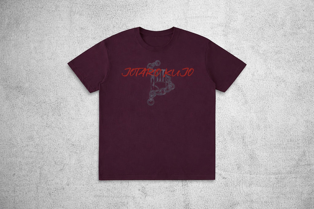 Ten-Anime clothes Jotaro Kujo cotton t-shirt in dark maroon with a red and grey graphic print on the chest.