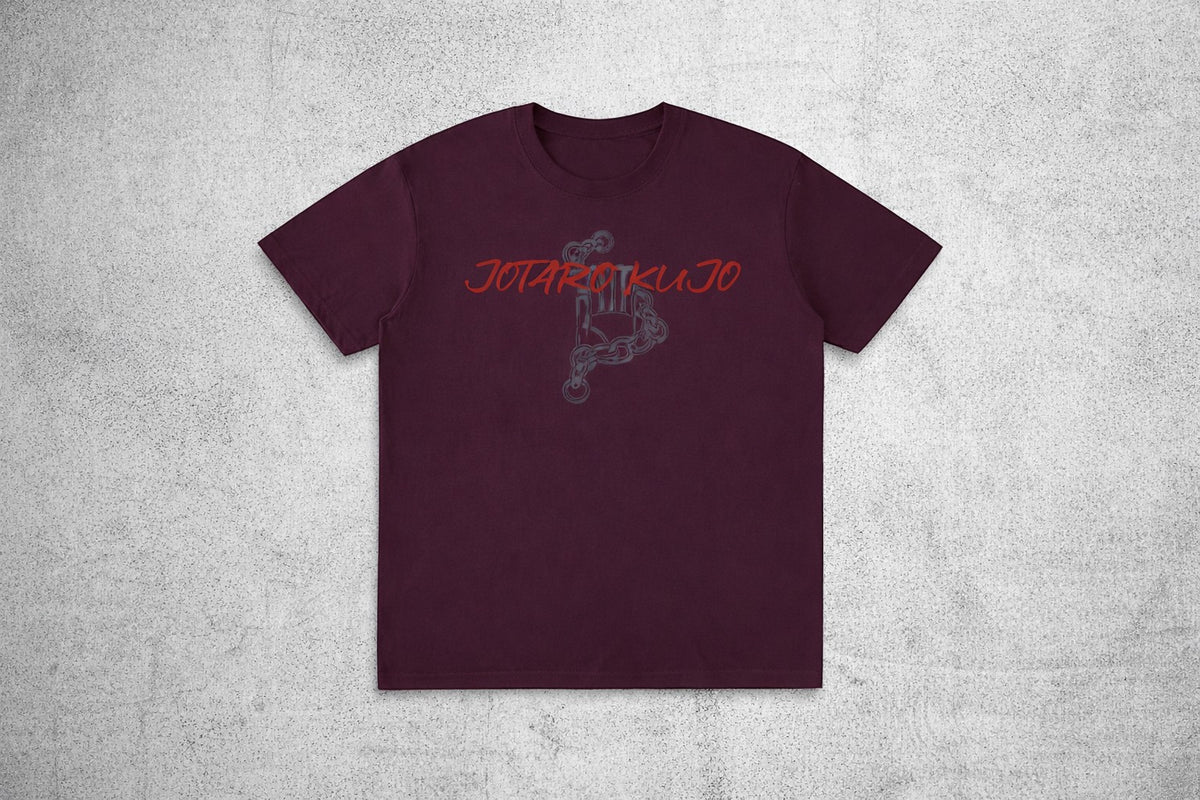 Ten-Anime clothes Jotaro Kujo cotton t-shirt in dark maroon with a red and grey graphic print on the chest.