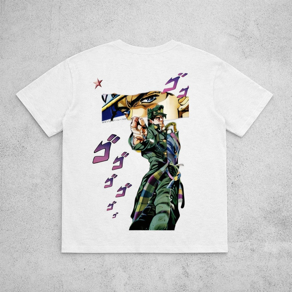 Ten-Anime clothes white cotton T-shirt featuring a graphic print of Jotaro Kujo from JoJo's Bizarre Adventure.