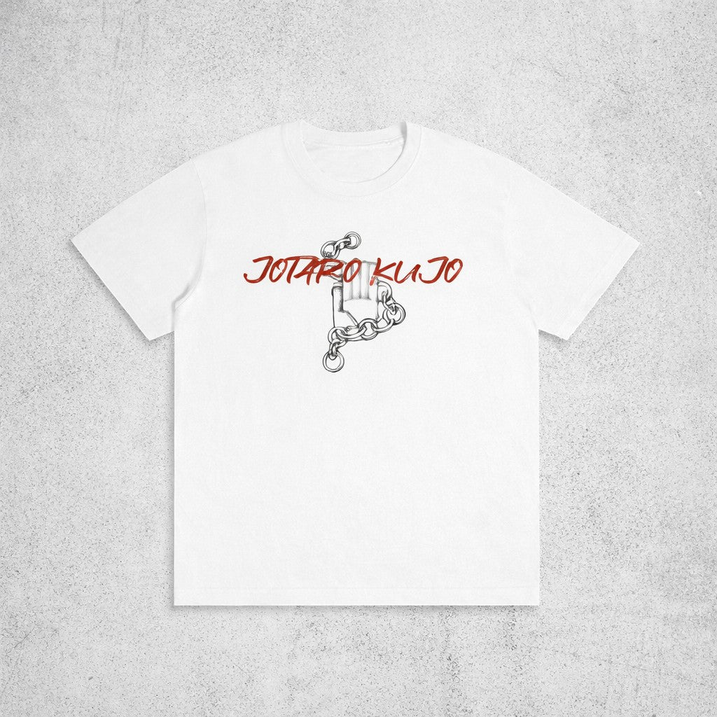 Ten-Anime clothes white cotton T-shirt featuring a Jotaro Kujo graphic with a hand and chain design in red and black