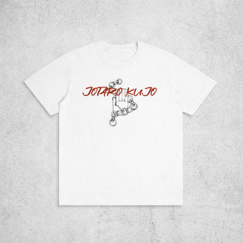 Ten-Anime clothes white cotton T-shirt featuring a Jotaro Kujo graphic with a hand and chain design in red and black