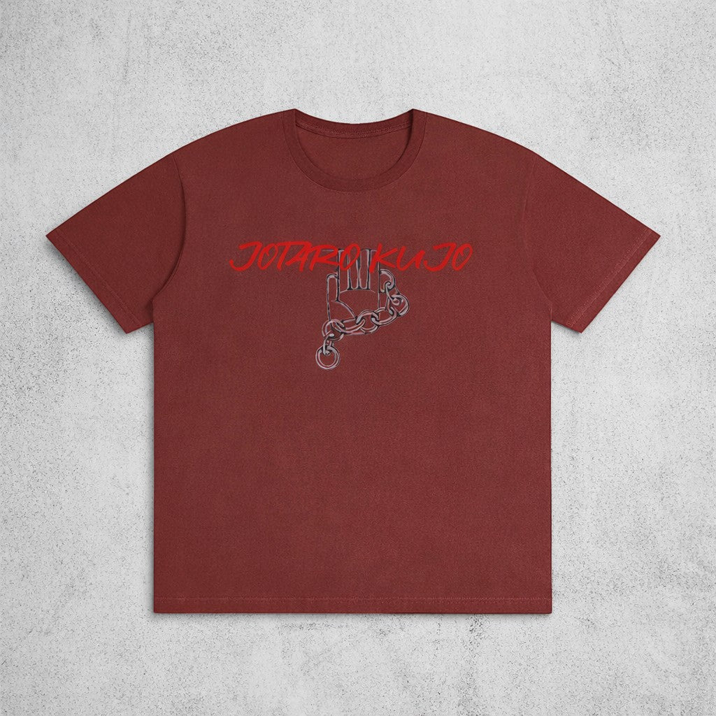 Ten-Anime clothes maroon cotton t-shirt featuring a Jotaro Kujo hand and chain graphic print on the chest.